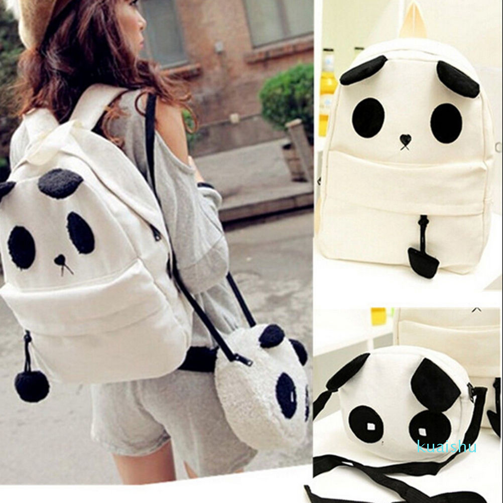2pcs Set Women Girls Backpack Panda Travel Bookbags Shoulder Crossbody Bag