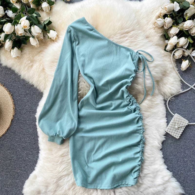 DEAT Women Slim Drawstring Dress Diagonal Collar Long Sleeve Arrivals Lady Sexy Fashion Spring Summer 11D2009 210709