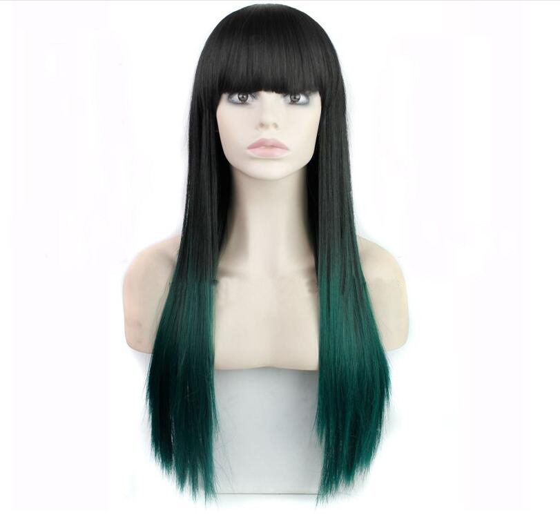 New Fashion Long Straigh Black Ombre Green Synthetic wig with Qi Bangs women's Hair wigs for life Cosplay