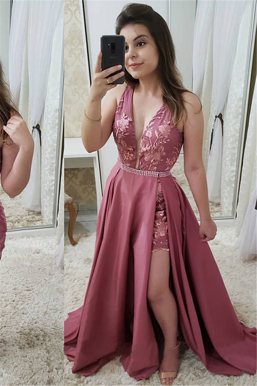2021 Two Pieces Detachable Train Evening Dress V Neck Lace Appliques Pearls Prom Gowns Short Girls Formal Party Dress