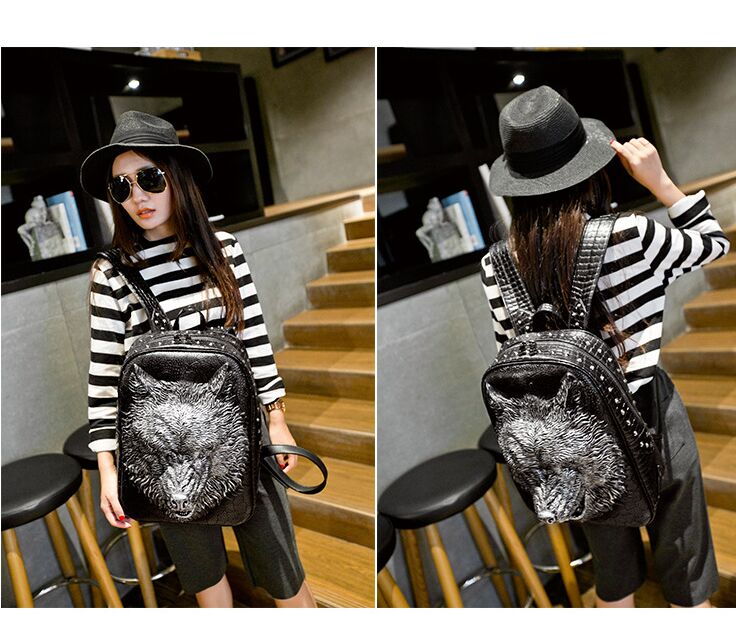 3D Embossed Wolf Backpack bags Women Rivet unique Bag whimsical Cool girls boys For Teenagers Laptop Men Travel Bags