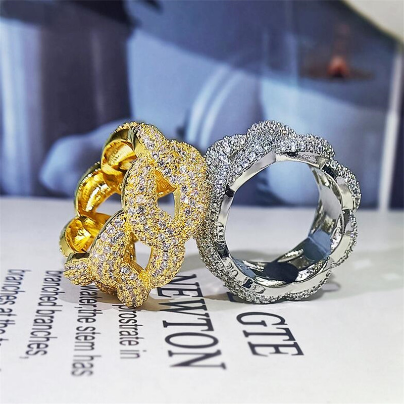 2021 Hip Hop Sparkling Luxury Jewelry Wedding Rings 925 Sterling Silver 18K Gold Fill Pave White Sapphire CZ Diamond Party Cuba Chain Women Engagement