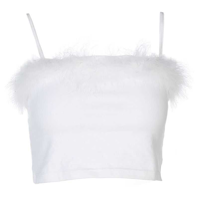 Womens Sexy Spaghetti Strap Feather Fluffy Plush Trim Crop Top Bandeau Camisole Pink, White 210625