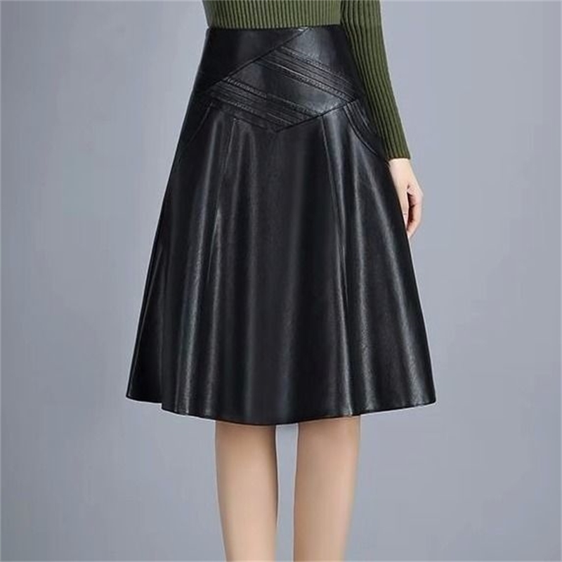 High Waist Leather Sheepskin A-Line Skirts Elegant Black Korean Womens Female Indie Folk Knee Length Ladies Office 210621