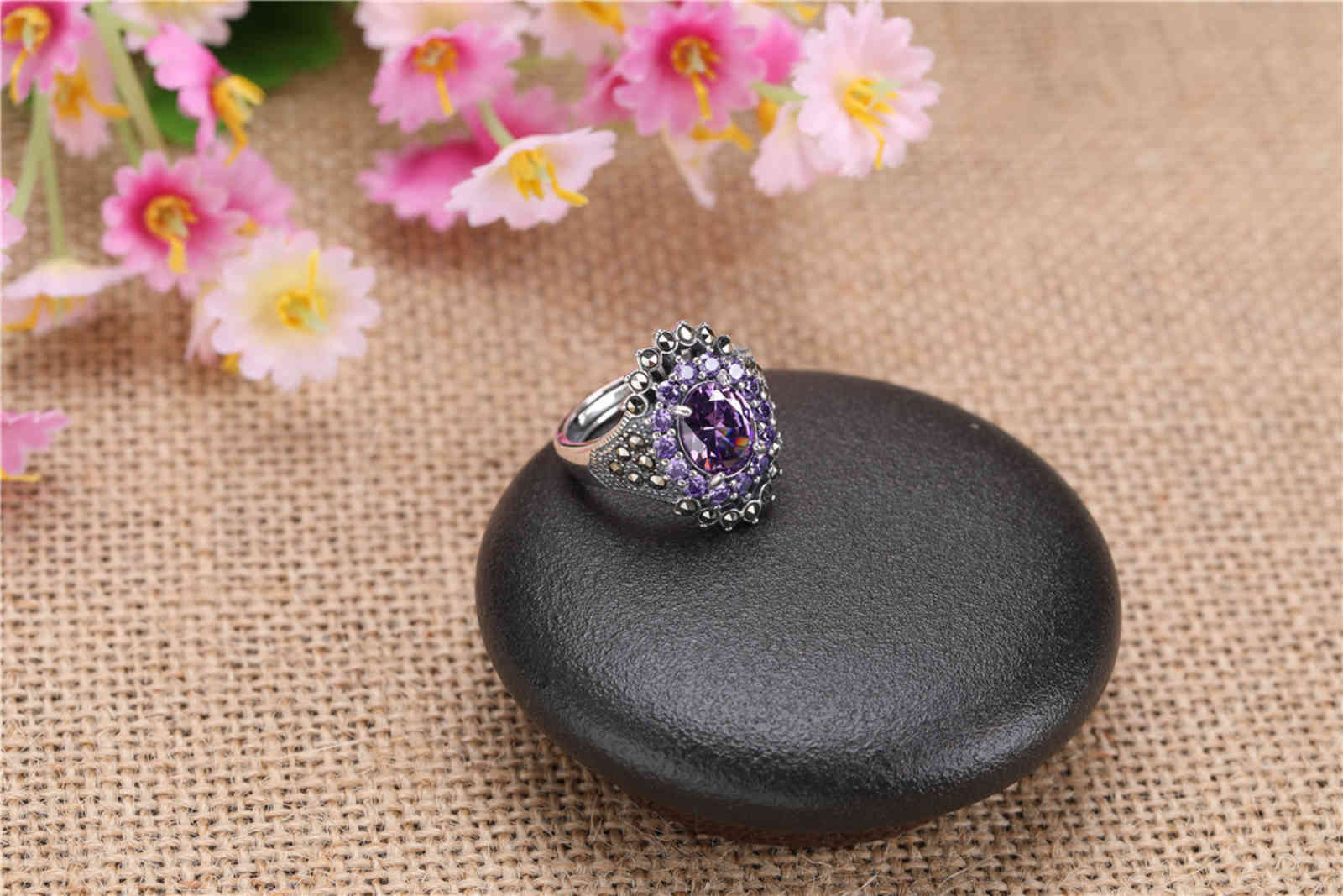 S925 Sterling Silver Inlaid Blue Ring Opening Red Maxey Women's Amethyst Gift
