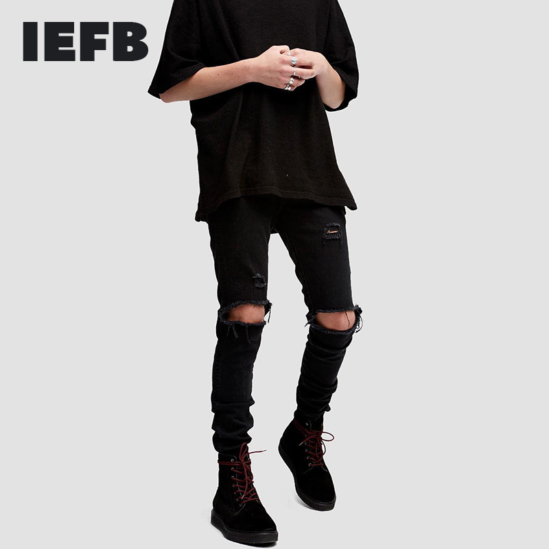 IEFB /men's wear streetwear high-quality Destroyed Pants holes slim stretch small feet black jeans male spring 9Y2176 210524