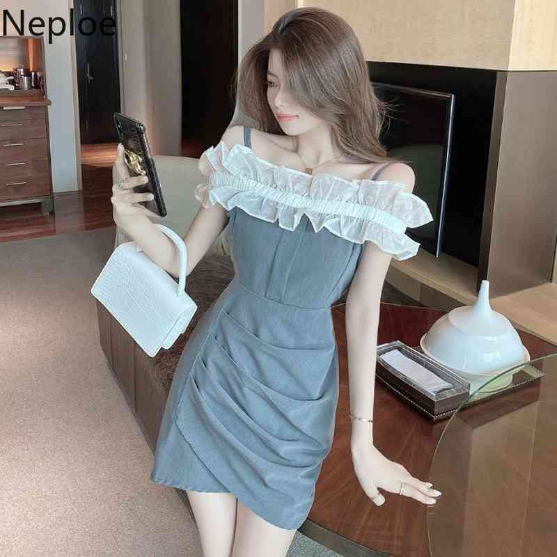 Neploe Bodycon Dress Women Sexy Lady Summer Fashion Robe Slash Neck Sleeve Ruffles Vestidos Pleated Irregular Mini Dresses 210422