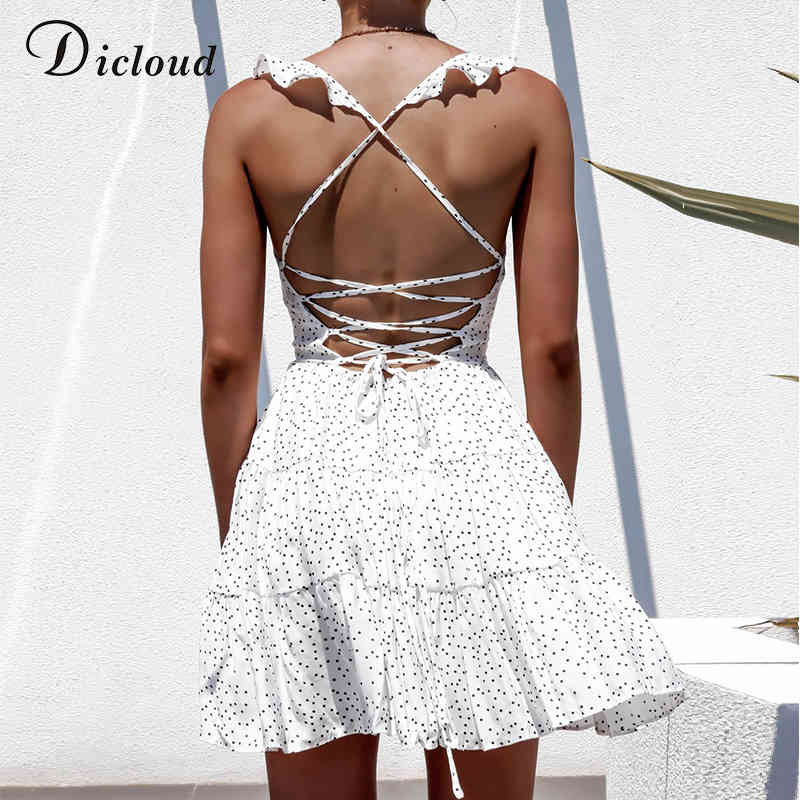 DICLOUD Polka Dot White Women's Summer Sundress Ruffle Backless Sexy Mini Party Dress Elegant Lace up Beach Clothes Female 210331