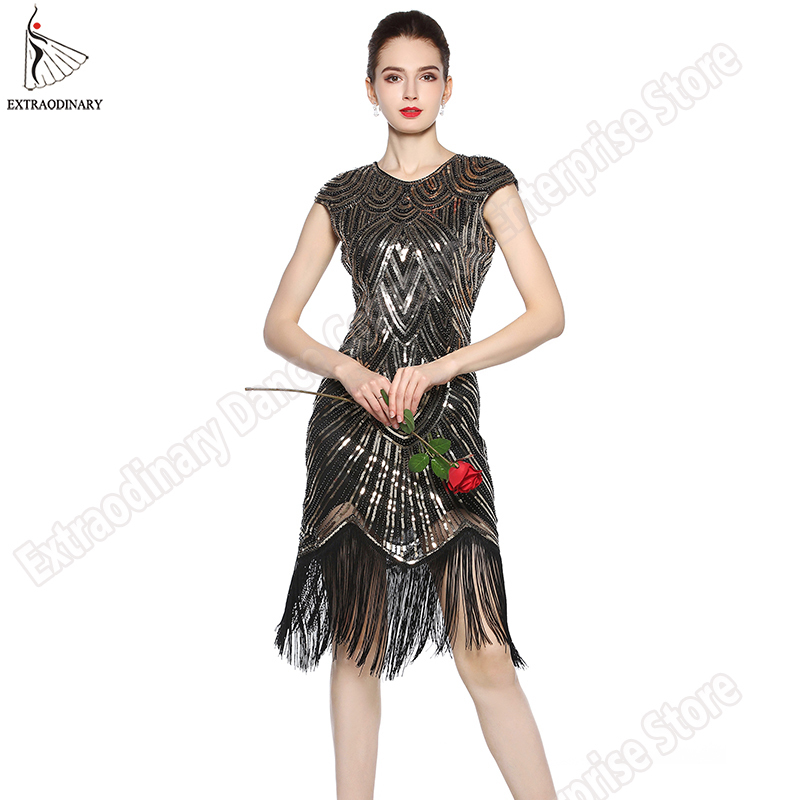 Womens 1920s Vintage Flapper Great Gatsby Party Dress V-Neck Sleeve Sequin Fringe Midi Dresses Summer Art Deco Embellished 210331