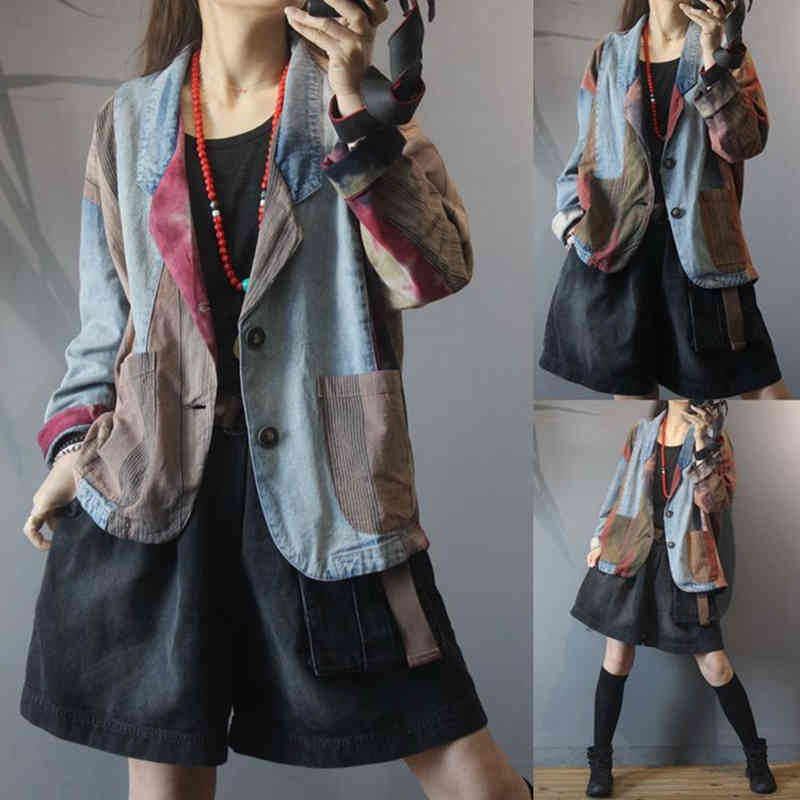 Spring Autumn Arts Style Women Long Sleeve Loose Vintage Blazers Double Pocket Cotton Denim Patchwork Blazer Femme Coat M179 210512