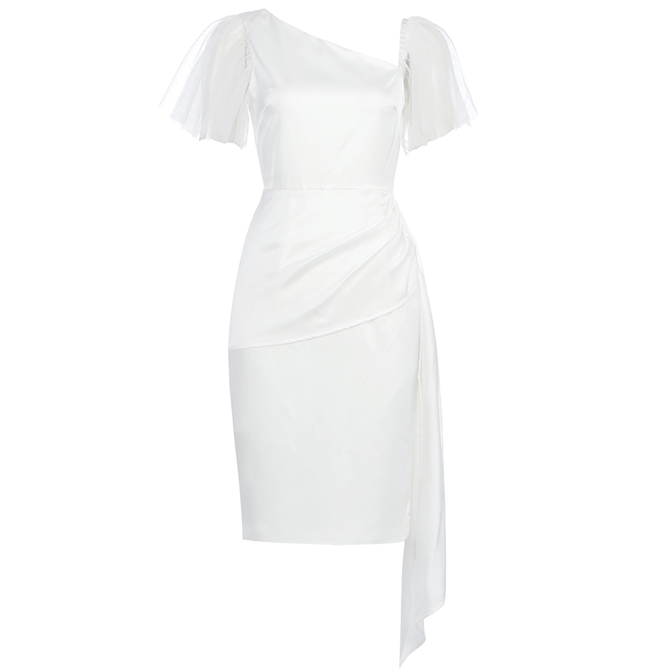Free Women's Satin Dress Sexy Slanted Neck Mesh Short Sleeve Bodycon Draped Club Night Party Vestidos 210524