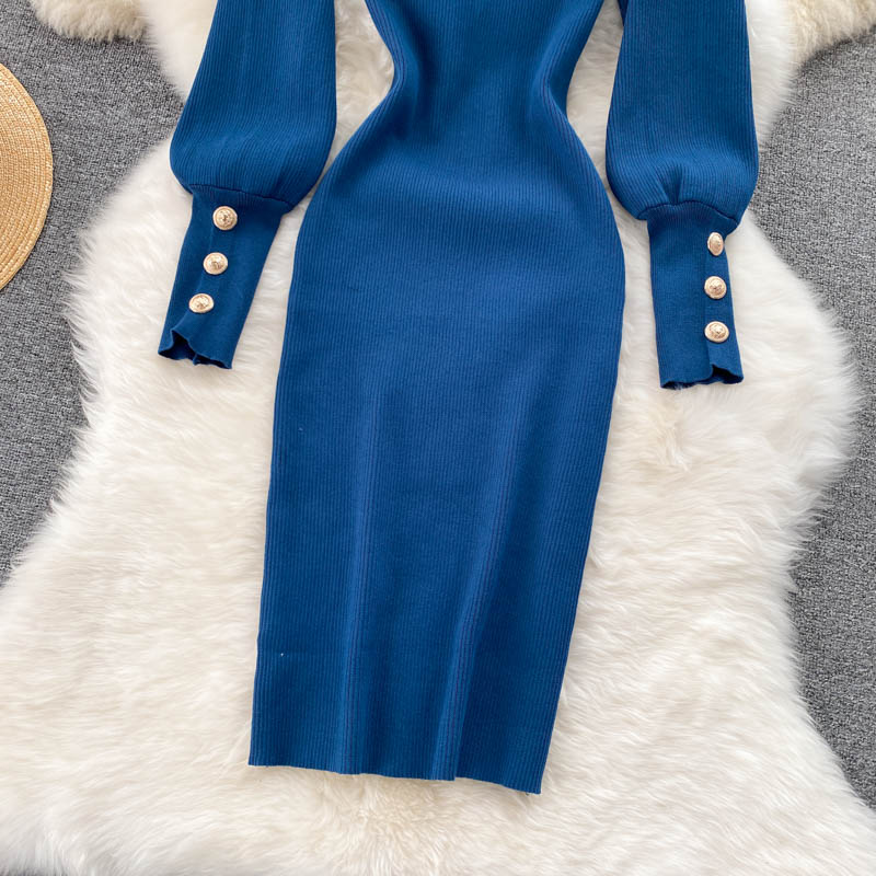 New design womens autumn puff long sleeve o-neck knitted solid color knee length sweater dress bodycon tunic pencil dress