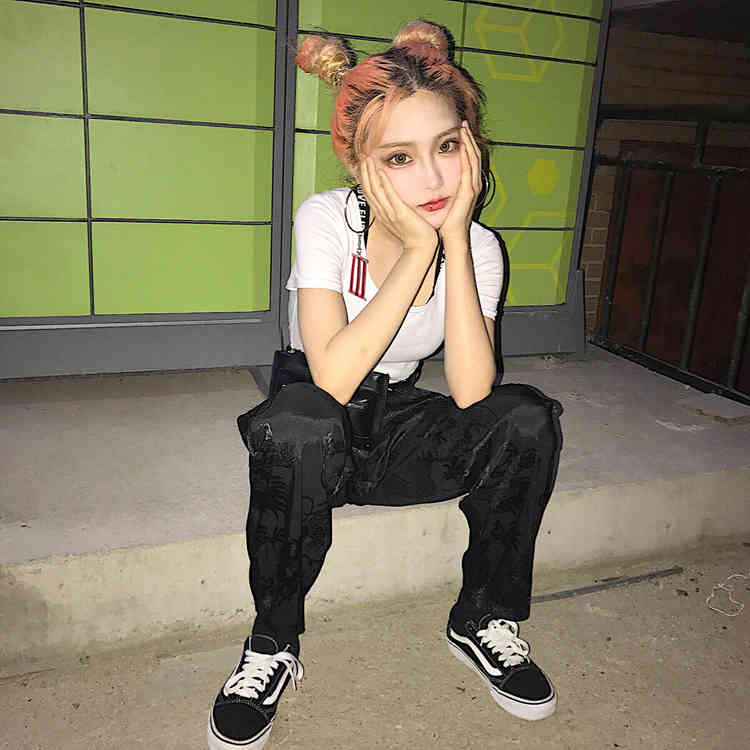 Girls Dragon Print Harajuku Pants Elastic Waist Wide Leg Straight Trousers Women and Man Casual Streetwear 210519