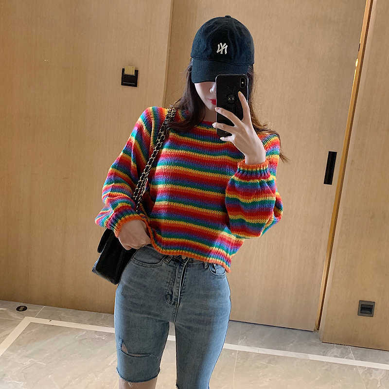 Korean Rainbow Knitted Sweater Women Runway Jumpers Loose Women's Clothes Autumn Plus Size Casual female Top Pullovers 210812