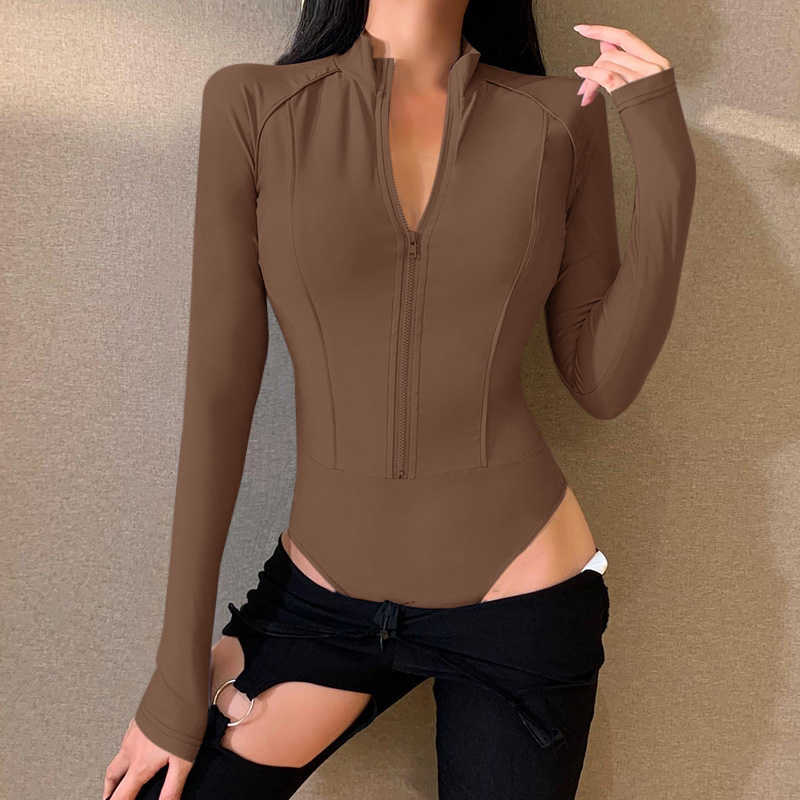 Colysmo Long Sleeve Bodysuit Women Sexy Elastic Bodycorn Zipper Brown Button Short Jumpsuit Fall Female Solid Color Overalls 210527