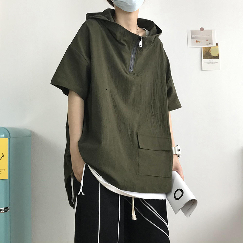 t shirt summer short sleeve men's trend loose half hooded student high collar, White;black
t shirt summer short sleeve men's trend loose half hooded student high collar, White;black