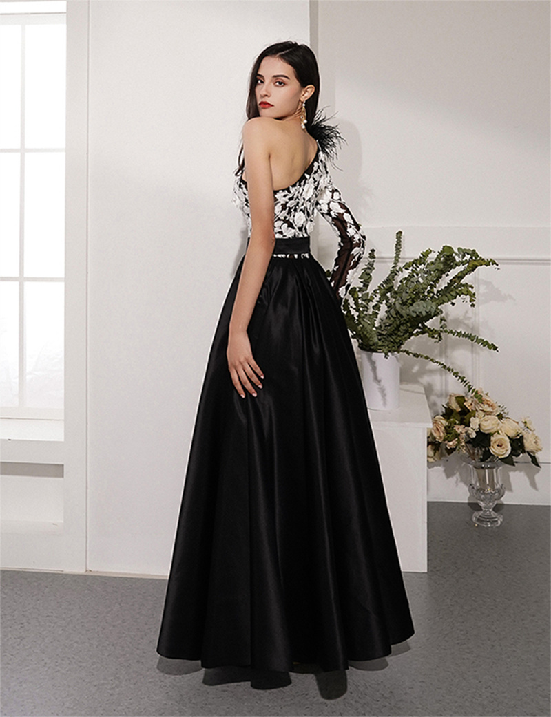 Feather Black Evening Dresses Lace Appliques One Shoulder Sash Party Pageant Gowns Side Split Floor Length Women Prom Dress Graceful Robe De Soriee