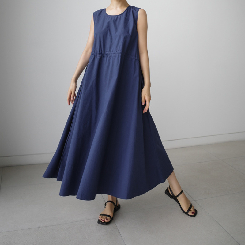 Casual Sleeveless Solid Color Drawstring Round Neck A-E Midi Dress