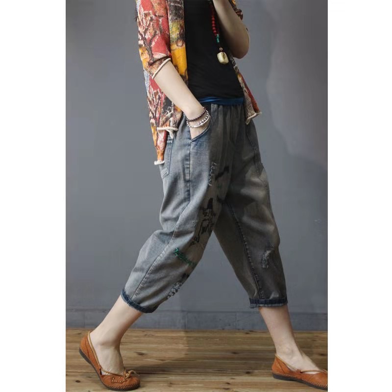 Arrival Summer European Style Women Loose Casual Elastic Waist Harem Pants Vintga Embroidery Cotton Denim Jeans W97 210512