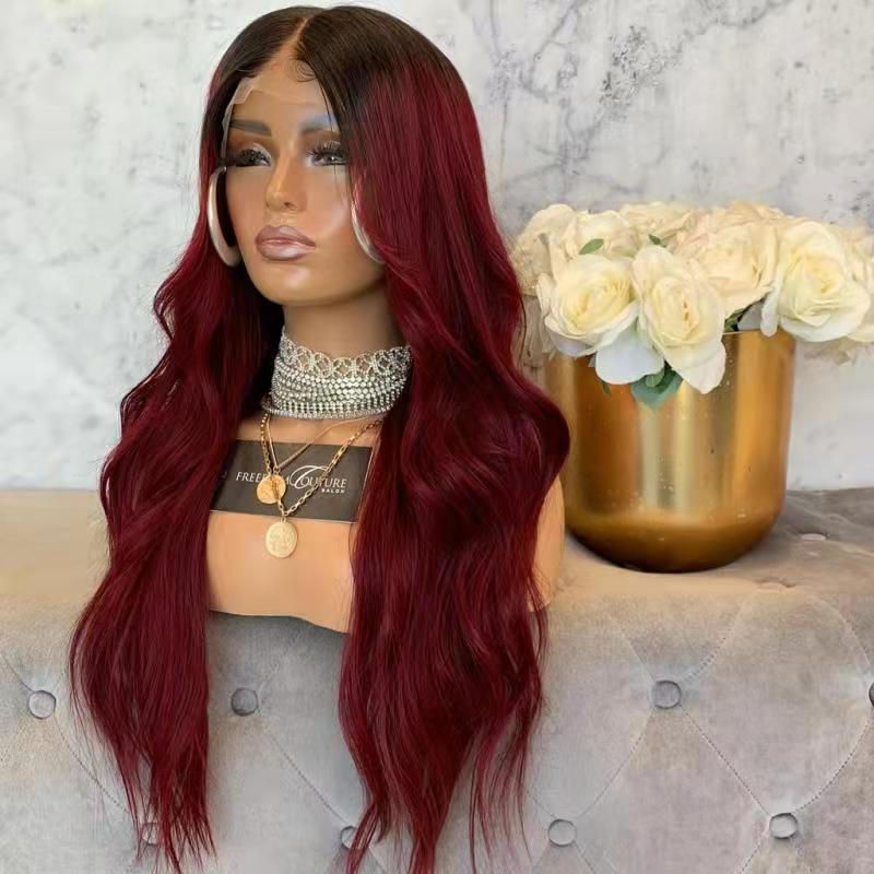360 Lace Frontal Long Body Wave Wigs Black Ombre Burgundy Red Brazilian Hair Synthetic Front Wig For Women