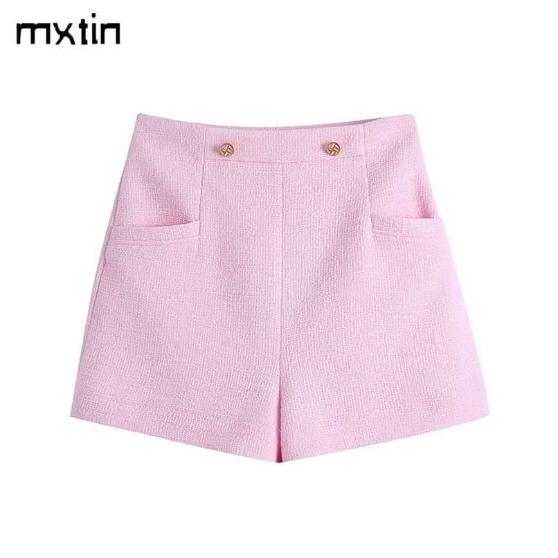 Women Vintage With Double Buttons Plaid Tweed Shorts Fashion Spring Pocket High Waist Side Zipper Female Skort Mujer 210724