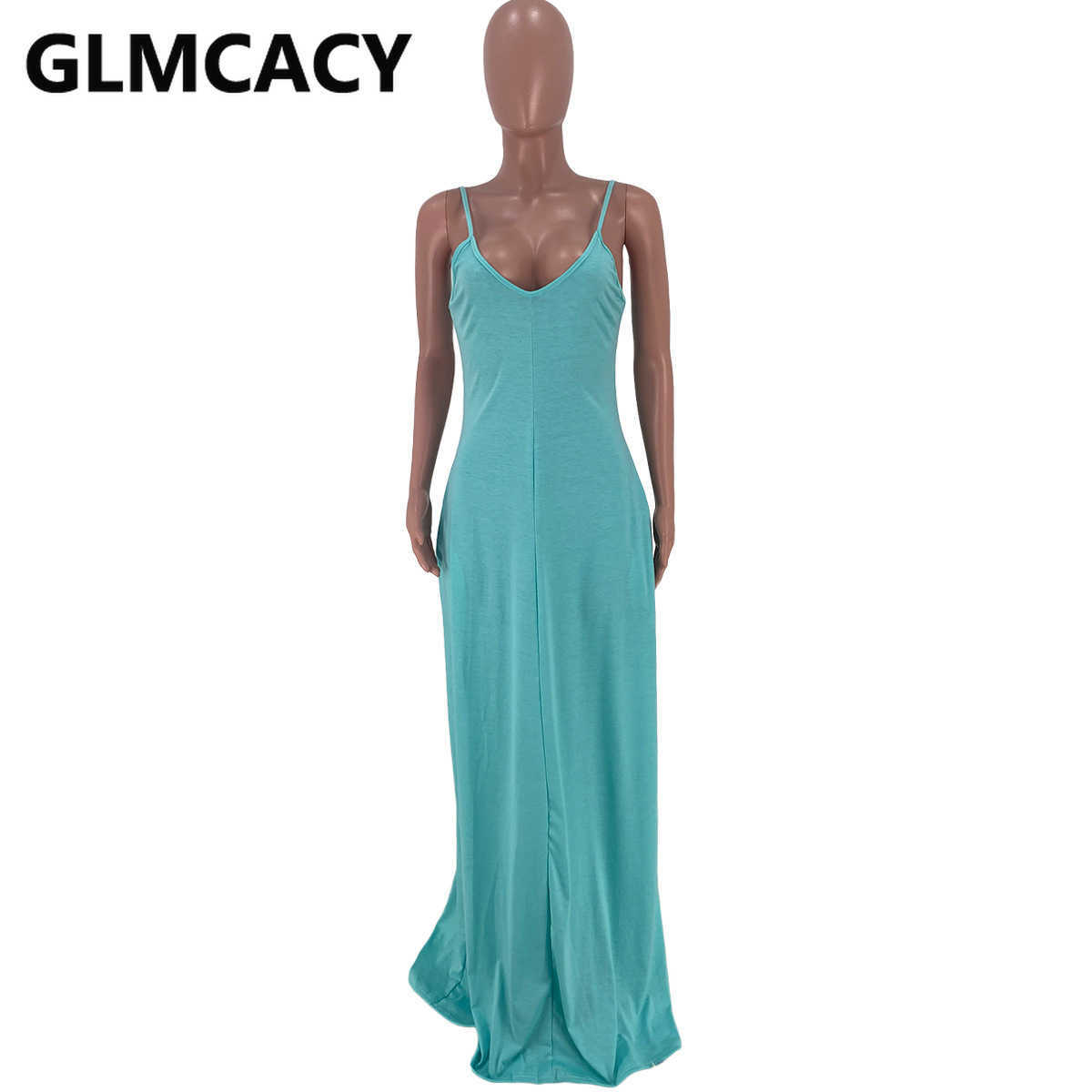 Women Spaghetti Strap Sleeveless Solid Maxi Dress 210702