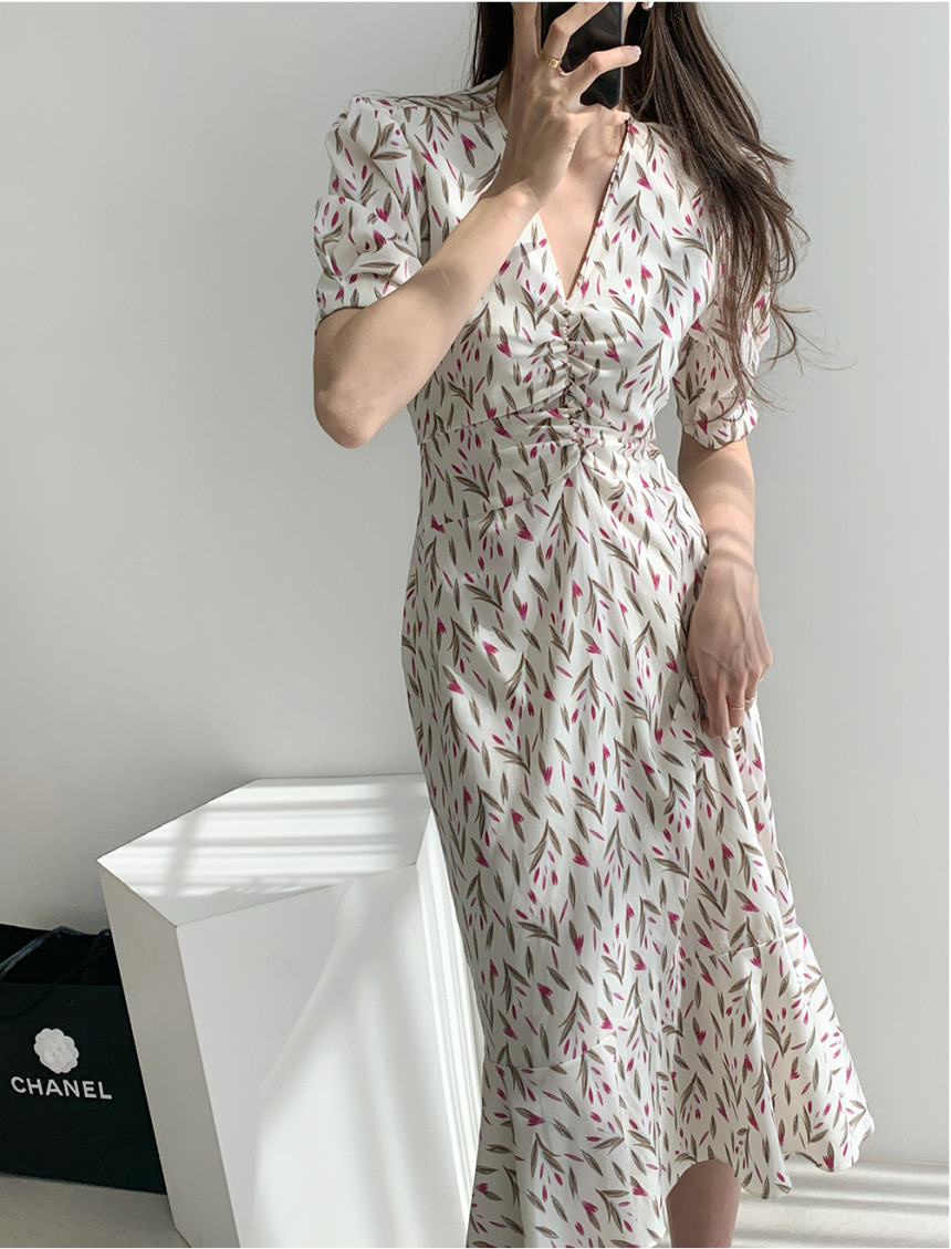Fashion Summer Dress Korea Women Flowers V-Neck Puff Sleeve High Waist Slim Chiffon Mermaid Vestidos Robe 210519
