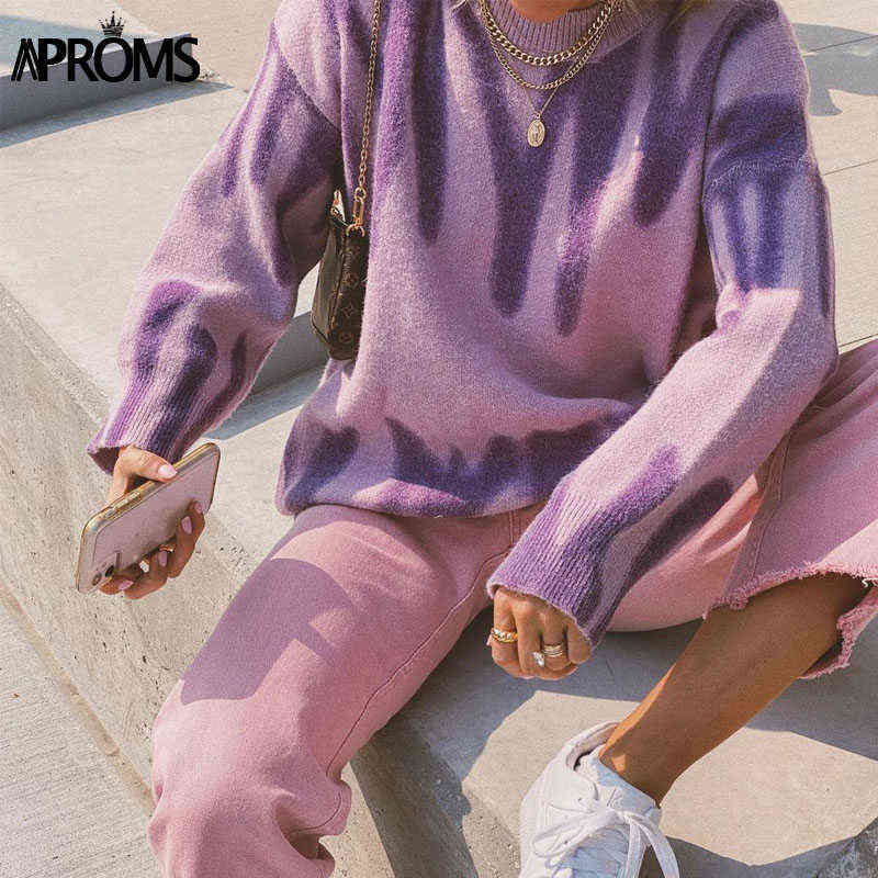 Aproms Korean Fashion Khaki Stripes Print Loose Sweaters Women Winter Hip-Pop Oversized Long Pullovers Streetwear Outerwear 211109