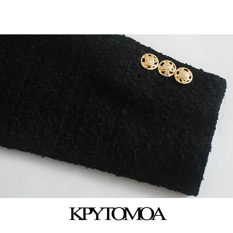 KPYTOMOA Women Fashion Double Breasted Tweed Cropped Blazer Coat Vintage Long Sleeve Pockets Female Outerwear Chic Tops 210330