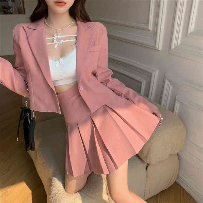 Spring Women Skirt Suits Elegant Pink Single Button Ladies Blazer Jacket & High Waist Mini Pleated Skirts Suit 210519