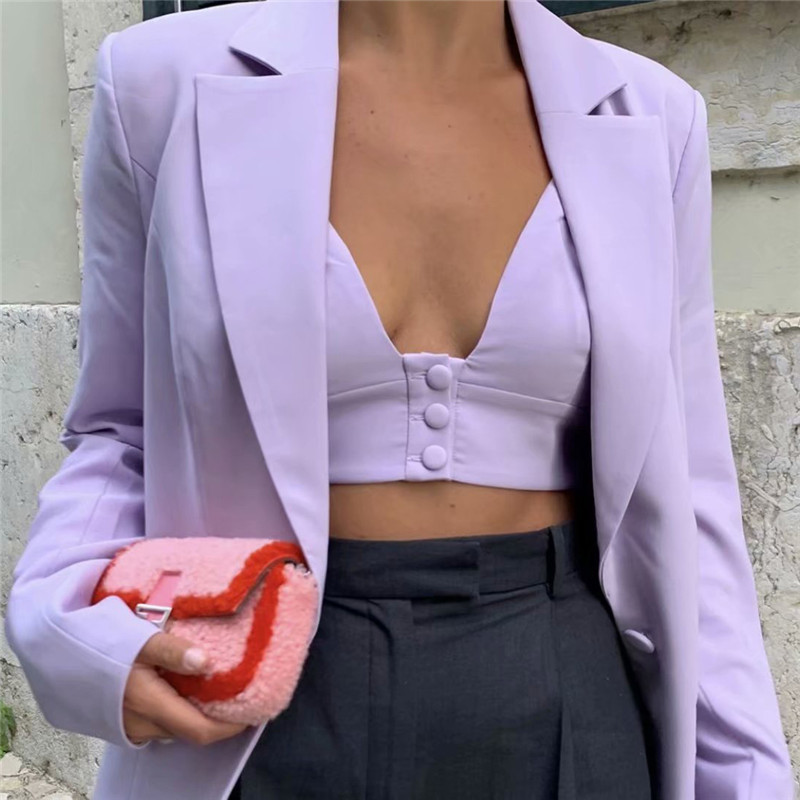 Women Solid Chic Suit Blazers Long Sleeve Single Breasted Purple Jacket Notched Collar Pockets Casual Streetwear Coat 210515