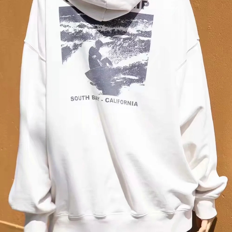 Women Vintage Surfing Print Back Oversized Hoodie Fleece Hooded Sweatshirt In Beige 210512