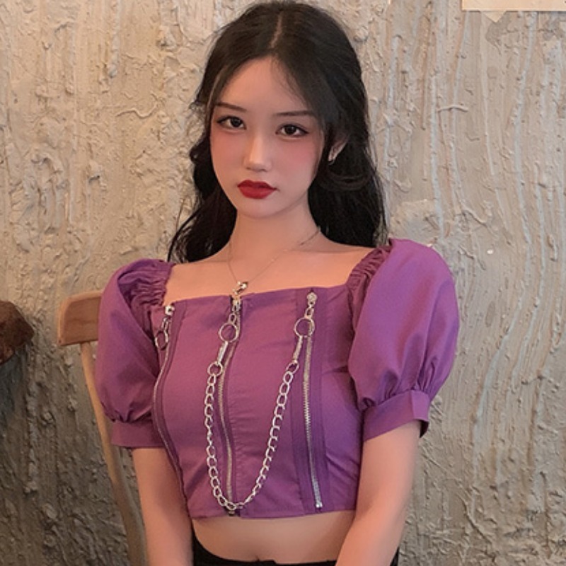 summer streetwear t shirt women zipper chains fashion short sexy ropa mujer puff sleeve t-shirt retro tops 17334 210415