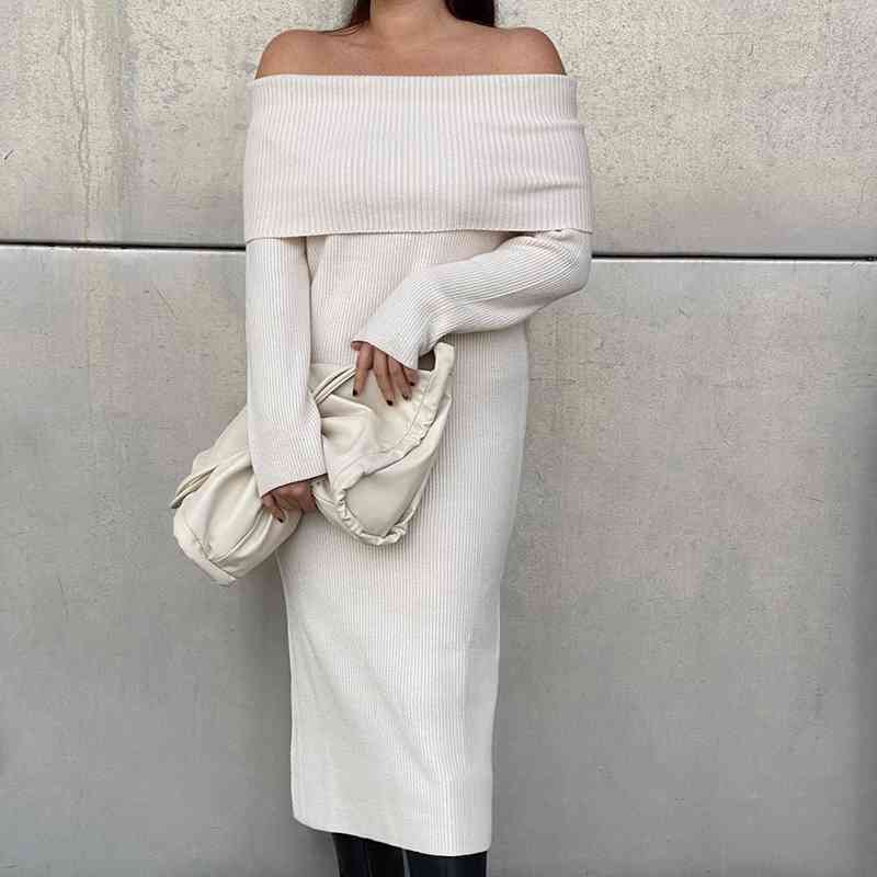 Vintage Women Elegant Off The Shouder Bomb Knitted Long Dresses Spring Fashion Ladies Slim Chic Dress Female Stylish 210430