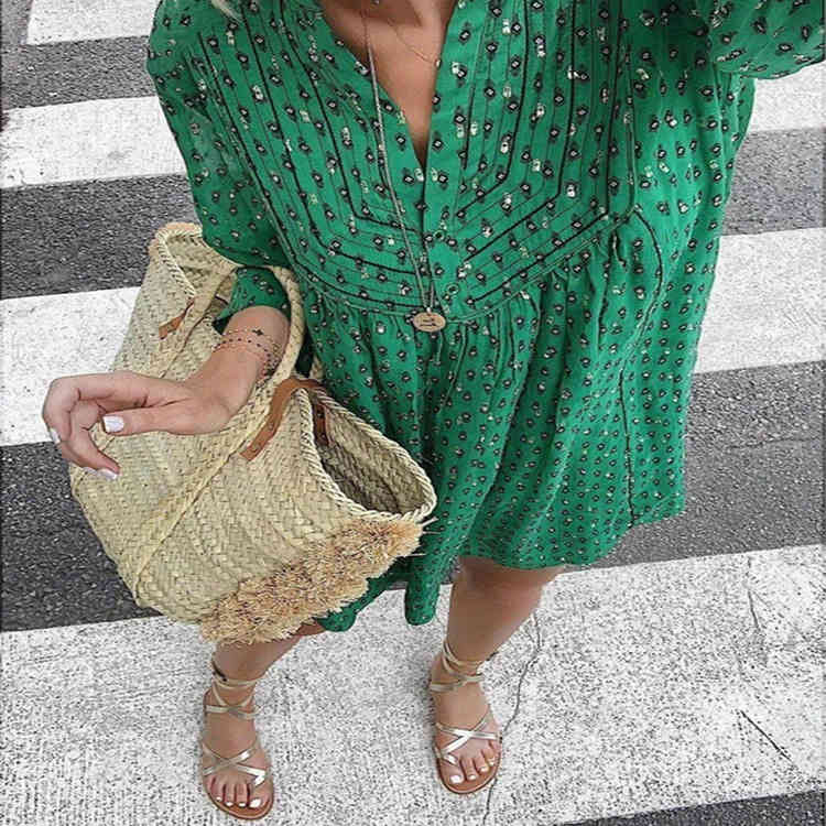 Foridol Floral Print Casual Dress Women Plus Size Office Ladies Short Green Dress Spring Autumn V Neck Vintage Dress 210415