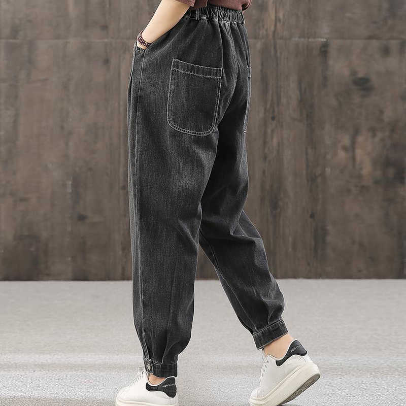 Casual Elastic High Waist Womens Denim Ankle Banded Pants Vintage Baggy Mom Harem Jeans Streetwear Spring Trousers Female 210809