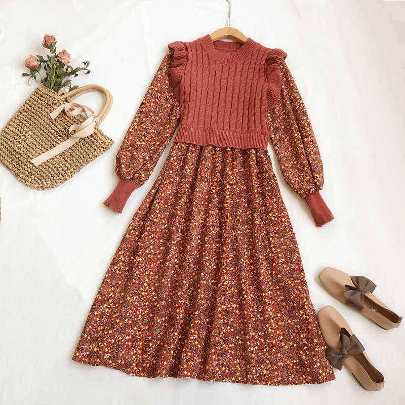 LY VAREY LIN Spring Autumn Women Sweet O-neck Dress Corduroy Knitting Floral Long Sleeve Wood Ear Edge 210526