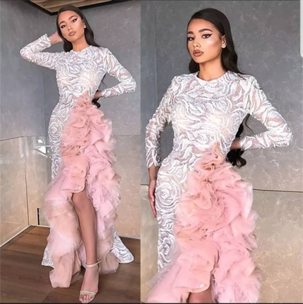Sexy High Side Split Ruffles Prom Dresses 2021 Full Lace Long Sleeve Jewel Neck Mermaid Evening Gowns Vestidos