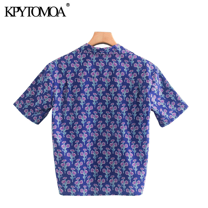 Women Fashion Pockets Floral Print Loose Irregular Blouses Short Sleeve Button-up Female Shirts Chic Tops 210420