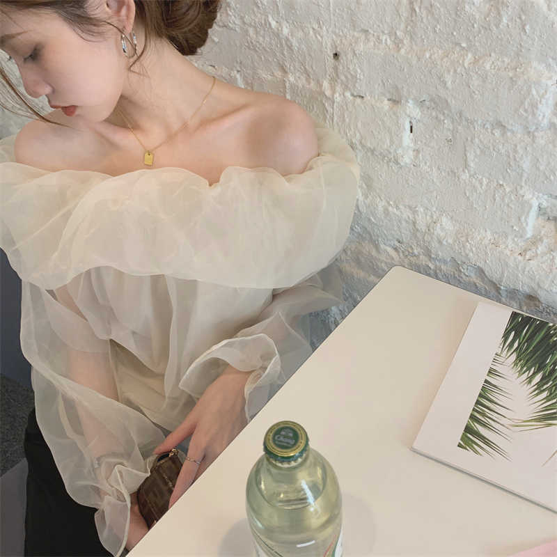Korejpaa Women Shirt Summer Korean Chic Gentle Sweet Geminine Thin One-Neck Loose Clavicle Long-Sleeved Sunscreen Blouses 210526