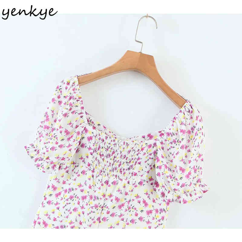 Vintage Prairie Chic Floral Print Dress Women Sexy Square Neck Short Sleeve Holiday Summer Female A-line Mini Robe 210430