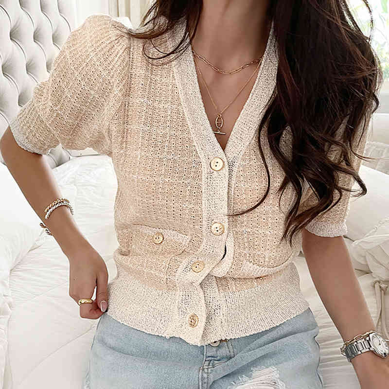 Women Sweater Summer Korea Chic French Style V-Neck Plaid Single-Breasted Loose Double Pocket Puff Sleeve Cardigan 210514