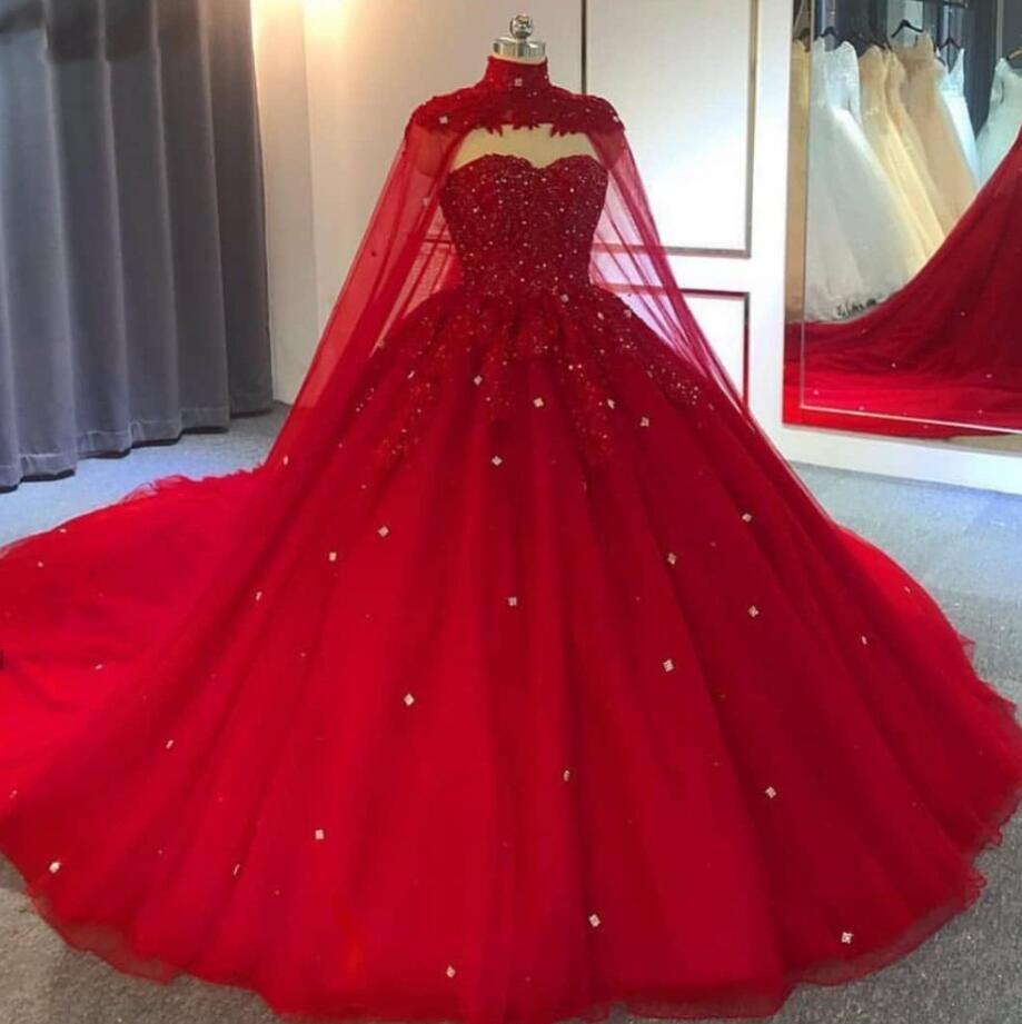 Dubai Muslim Red Wedding Dresses 2022 Beading Crystals Plus Size Bridal Gowns With Cape Gorgeous Brides Marriage Dresses Custom