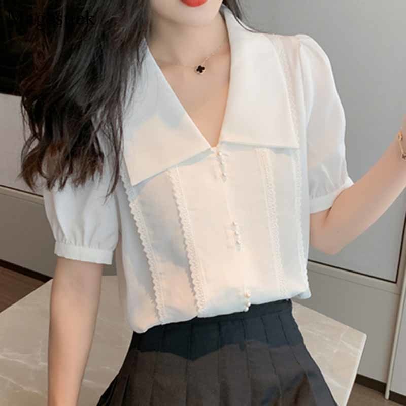 Summer Short Sleeve Chiffon Blouse Fashion V-neck Woman Shirt Solid Korean Top Puff White Women Cardigan 10292 210518