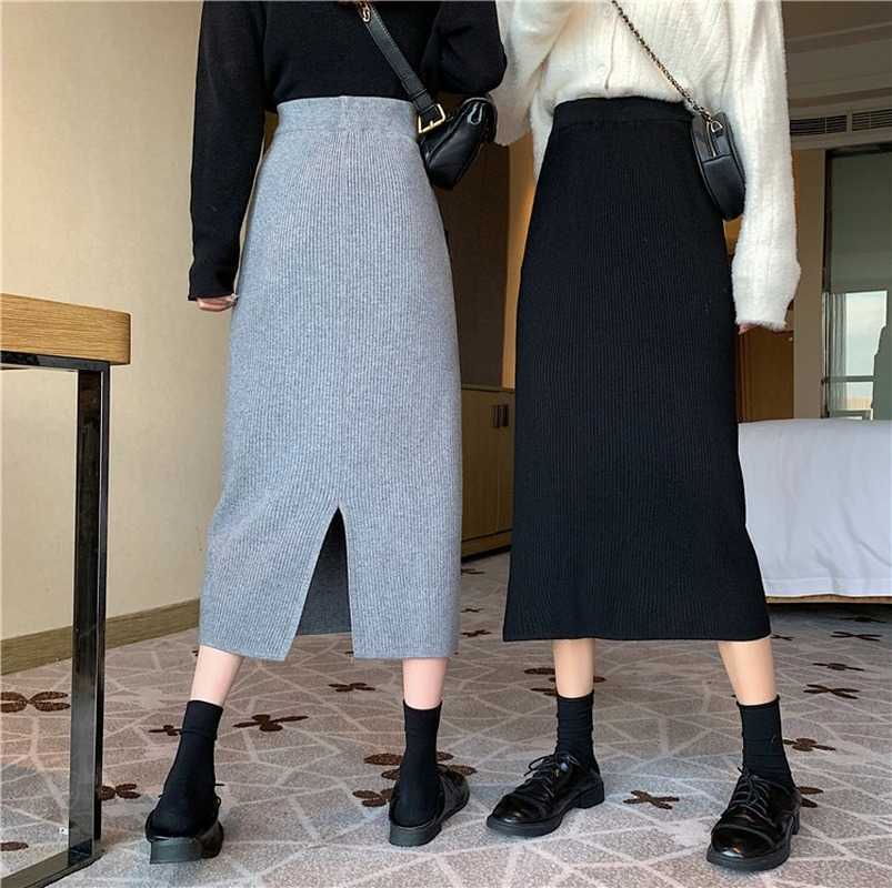 Autumn and Winter Korean Long Back Slit Skirt Hip Skirts All-match High Waist Slimming Black Knitted Skirt Women Plus Size 211119