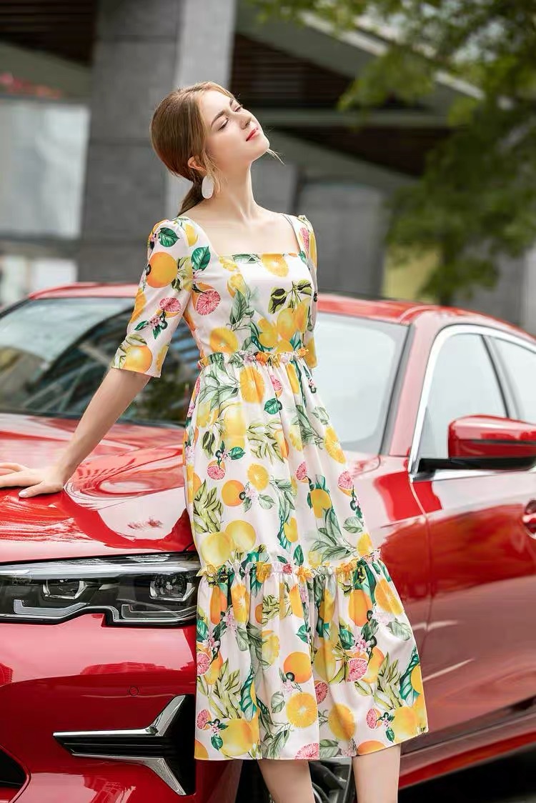 runway celebrity style summer holiday beach square collar short sleeve tropical lemon floral printed midi ruched dresses 210421