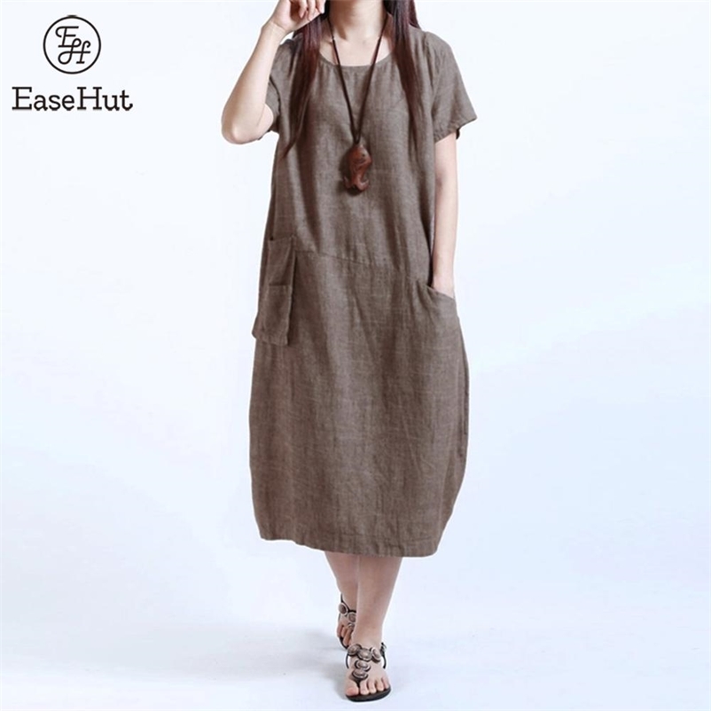 EaseHut O-neck Short Sleeve Women's Summer Dress One Piece Pockets Loose Casual Midi Dress Female 4XL 5XL Plus Size Vestido 210409