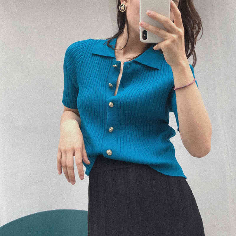Summer Women Short Sleeve Collared Button Up Crop Top Buttons T-Shirt B-049 210406