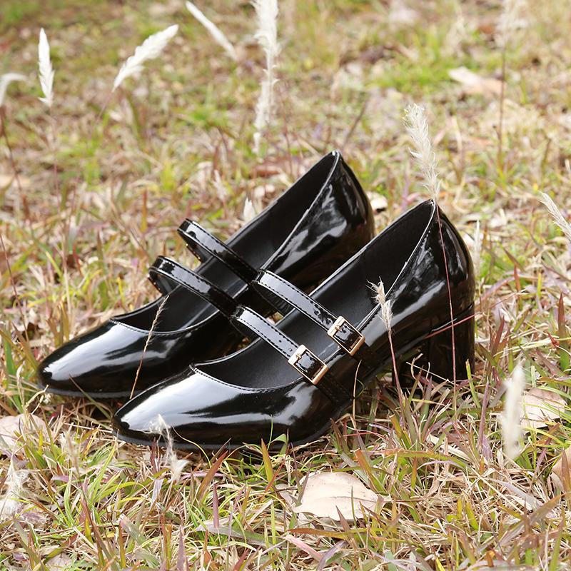 Spring Autumn Women Double Buckle Mary Janes Shoes Patent Leather Dress High Heels Pumps Retro Ladies Shoe Black Red