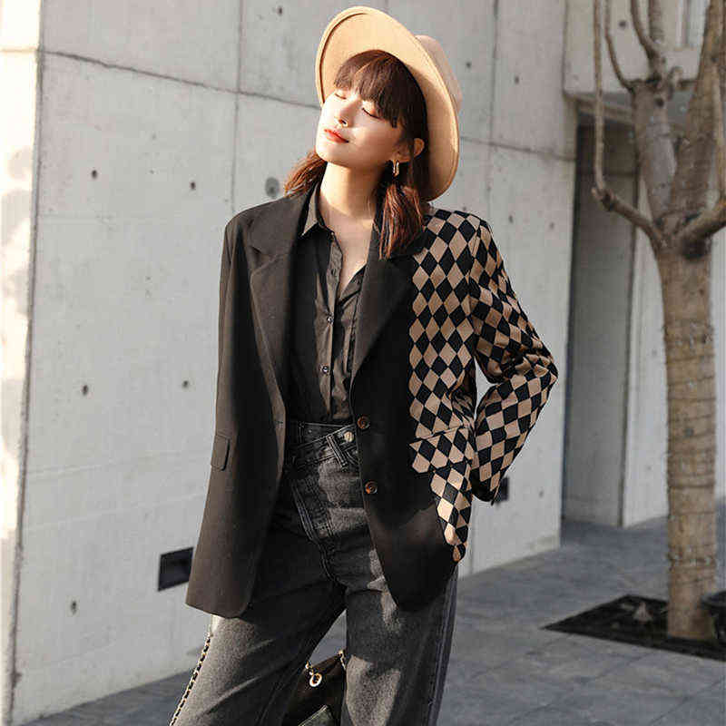 [EAM]Women Vintage Black Plaid Stitching Blazer Lapel Long Sleeve Loose Fit Jacket Fashion Spring Autumn 1DA745 211120